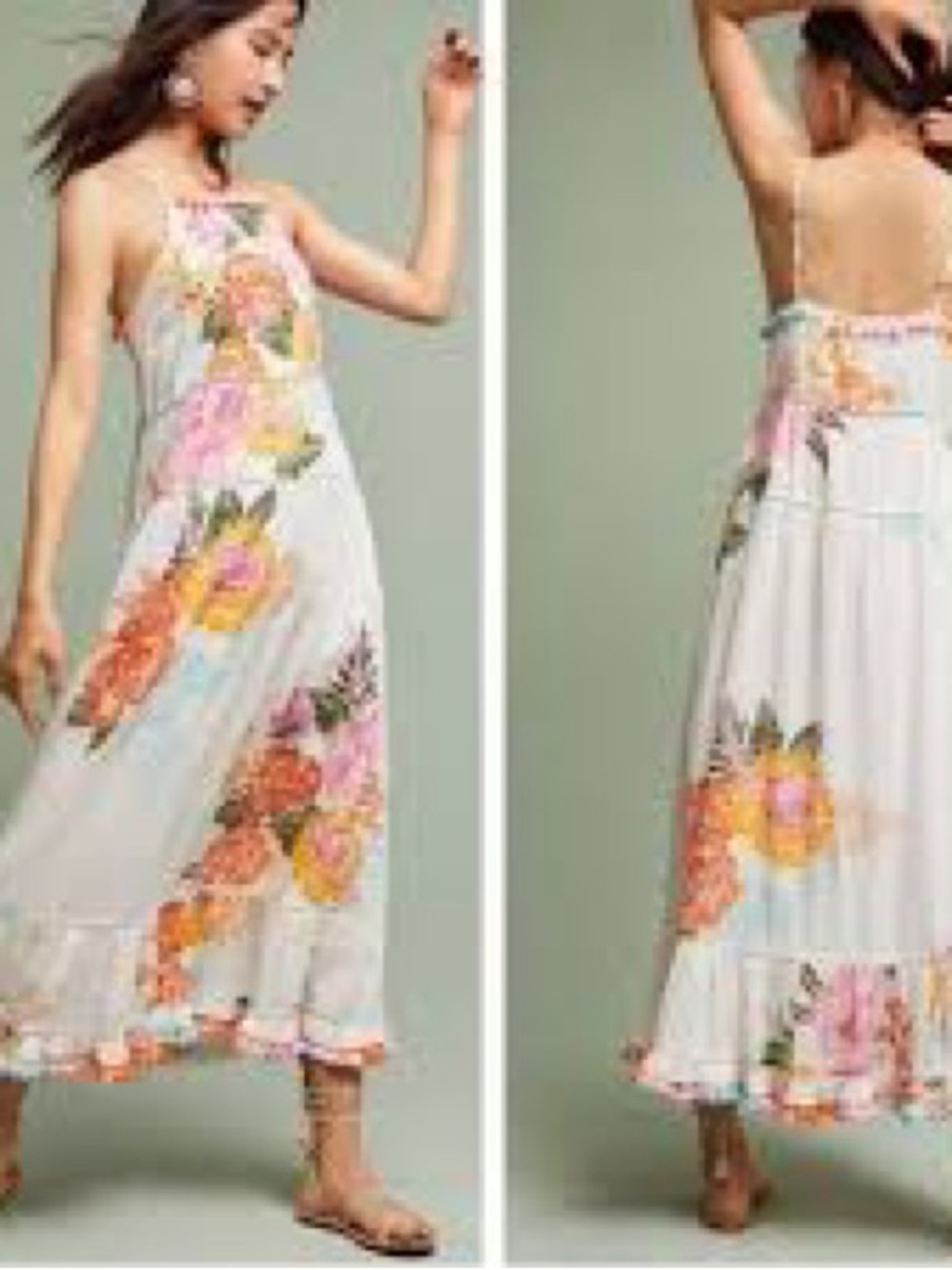 Floral White Tiered Maxi Dress with Pink & Orange Blooms - Picture 5 of 15